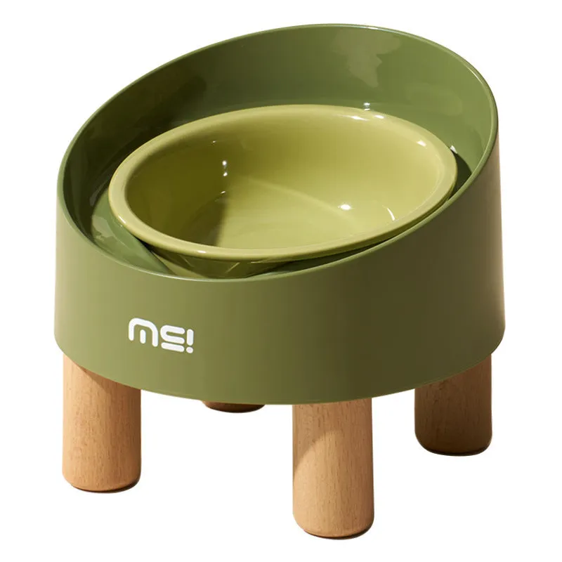 Blue purple cat ceramic food basin with high foot and oblique mouth on beech wooden feet