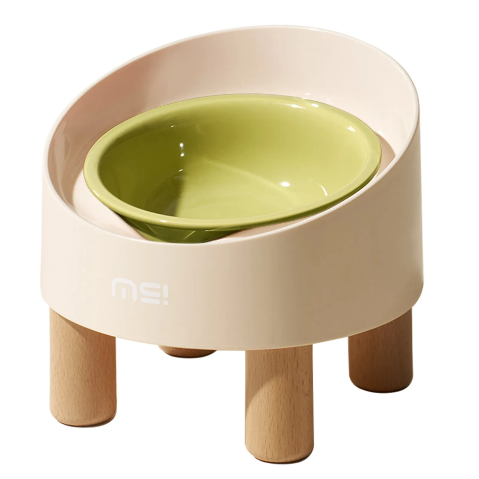 Blue purple cat ceramic food basin with high foot and oblique mouth on beech wooden feet