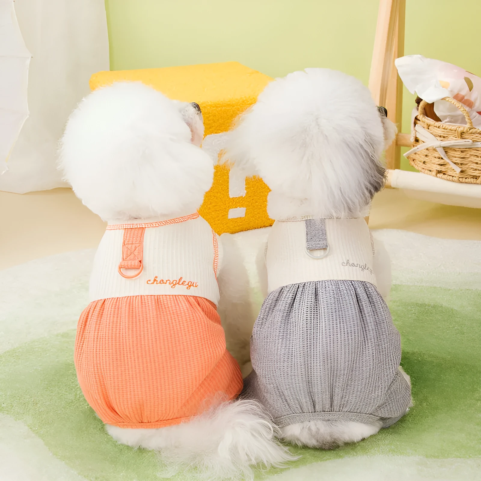 Polyester dog pyjamas in orange, gray, and purple sizes XS to XL casual pet sleepwear