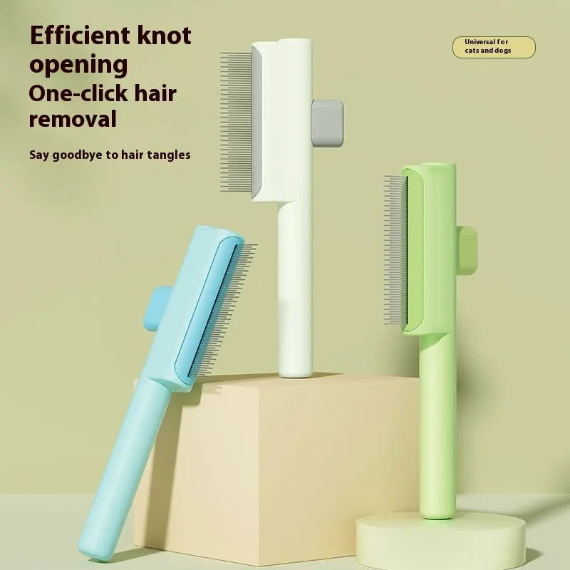 Pet comb with one-click hair removal and knot opening, ABS material, 19x7cm size, dense gear style in white.