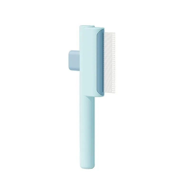 Pet comb with one-click hair removal and knot opening, ABS material, 19x7cm size, dense gear style in white.