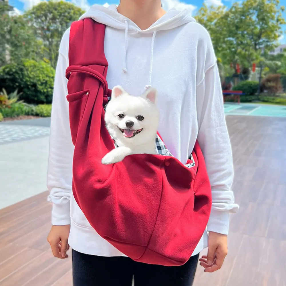 Polyester crossbody pet carrier bag for cats and dogs M size burgundy colour on autumn outing