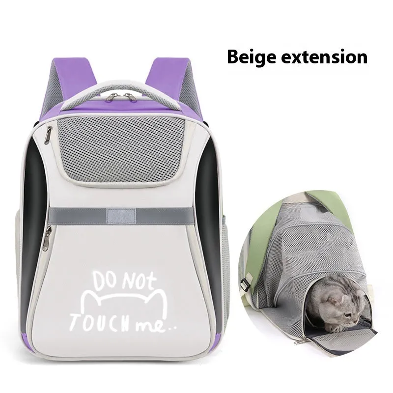 Expandable pet backpack in beige with contrast-pattern PVC Oxford material, medium capacity, on display