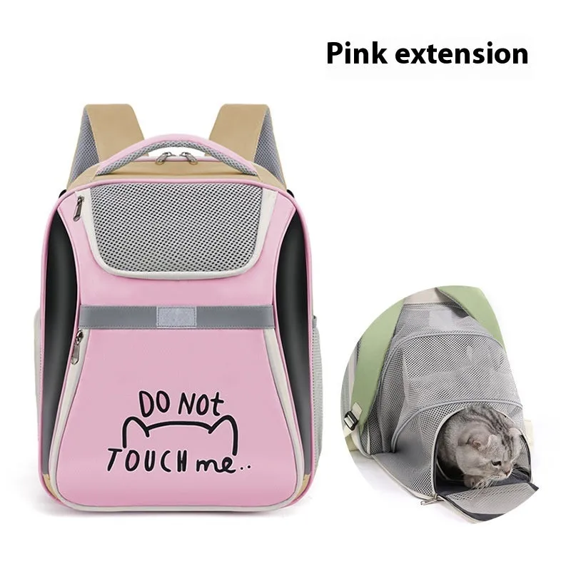 Expandable pet backpack in beige with contrast-pattern PVC Oxford material, medium capacity, on display