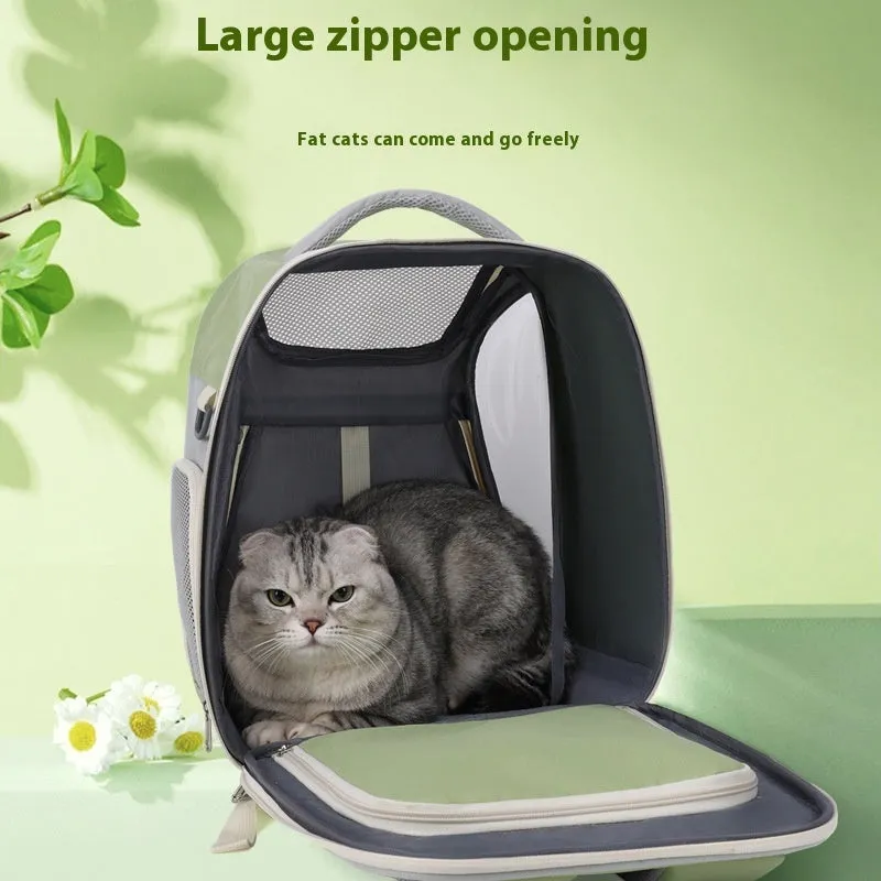 Expandable pet backpack in beige with contrast-pattern PVC Oxford material, medium capacity, on display