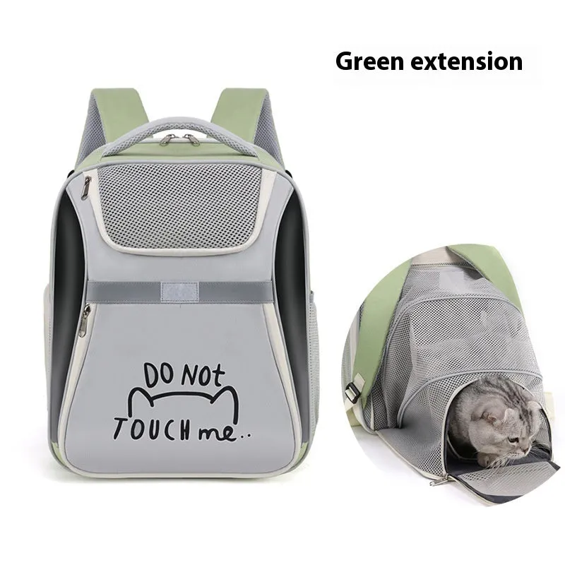Expandable pet backpack in beige with contrast-pattern PVC Oxford material, medium capacity, on display
