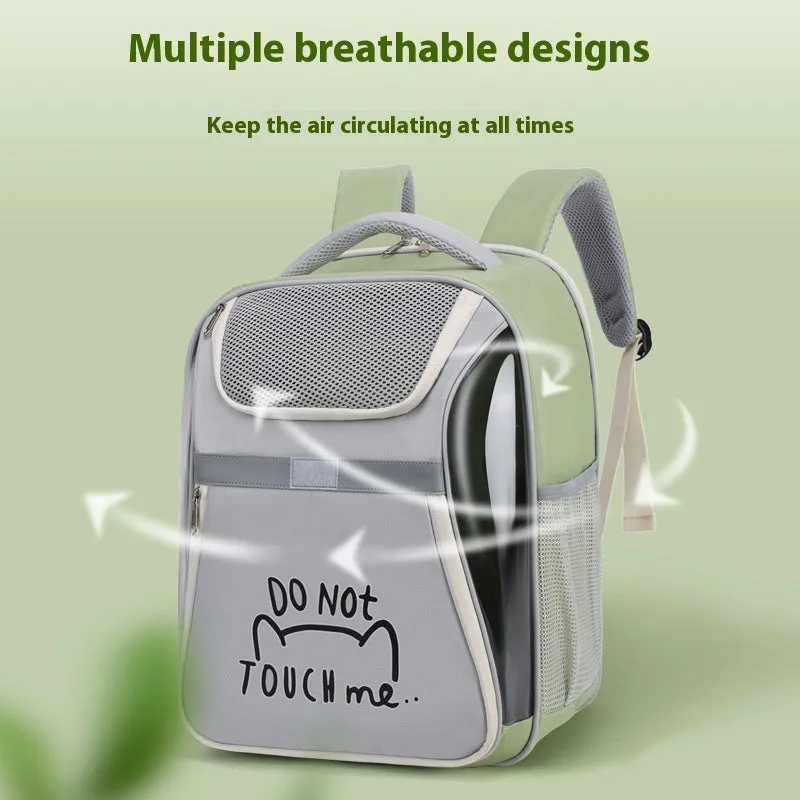 Expandable pet backpack in beige with contrast-pattern PVC Oxford material, medium capacity, on display