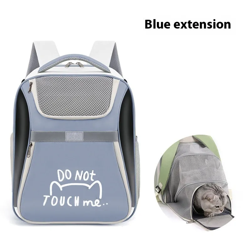 Expandable pet backpack in beige with contrast-pattern PVC Oxford material, medium capacity, on display