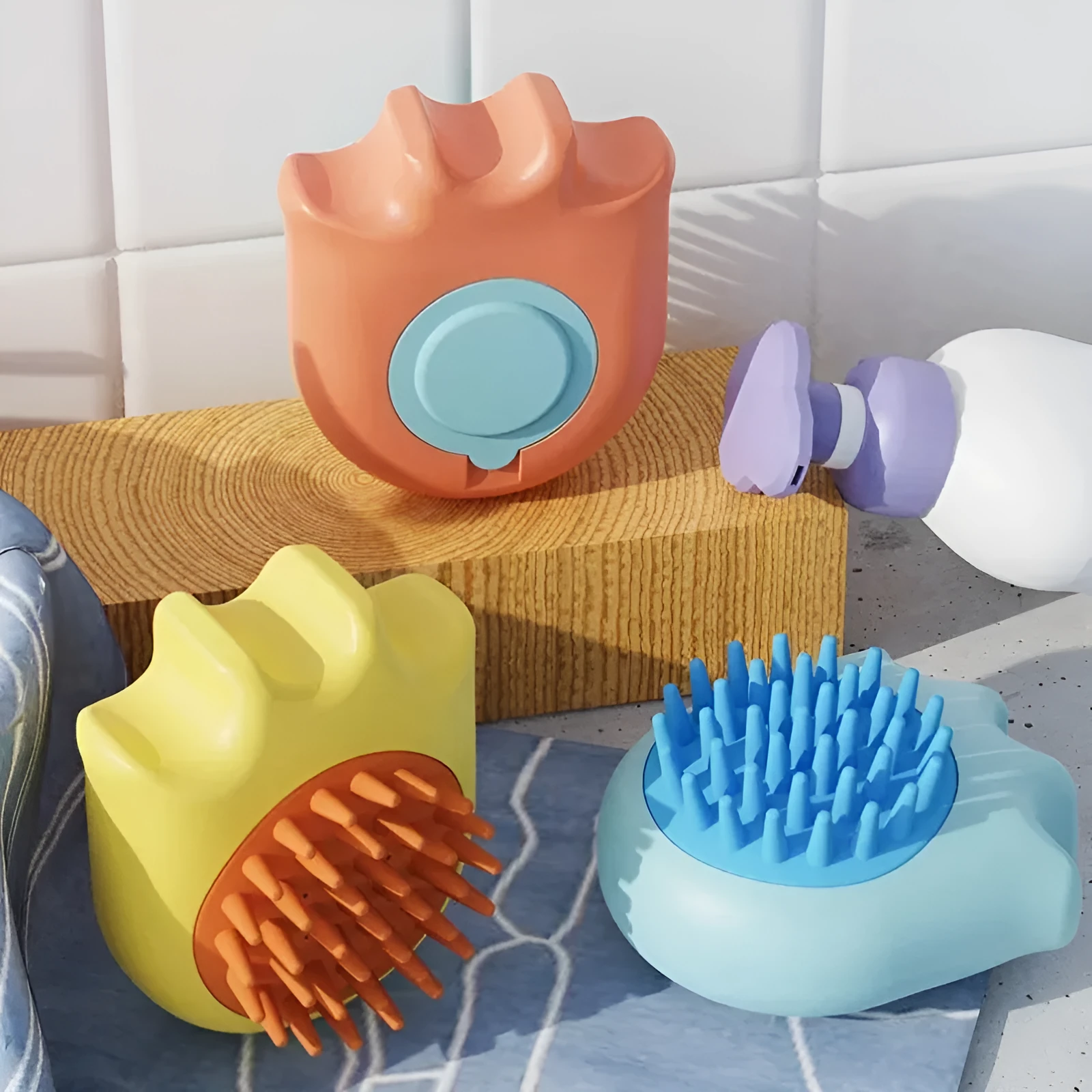 Blue pet bath brush with shampoo box and massage nodules for washing dogs and cats