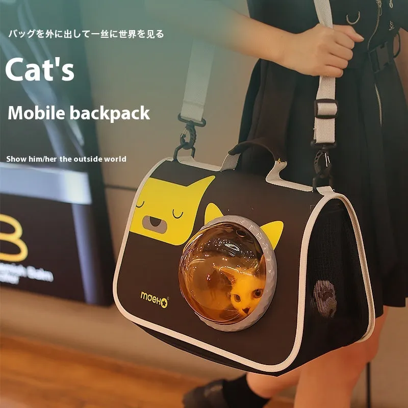 Cat travel bag with transparent space cover, crossbody strap, and cartoon pattern in green leaves design