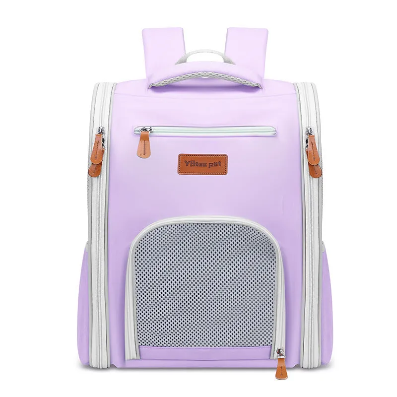 Four sides breathable pet carrier bag made from Oxford cloth in beige, foldable with mesh panels