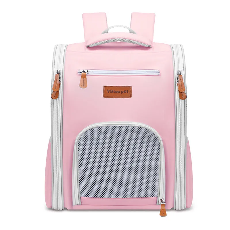Four sides breathable pet carrier bag made from Oxford cloth in beige, foldable with mesh panels