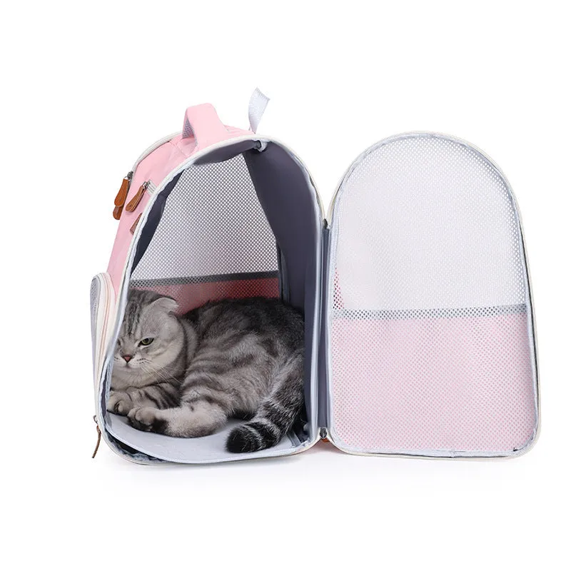 Four sides breathable pet carrier bag made from Oxford cloth in beige, foldable with mesh panels