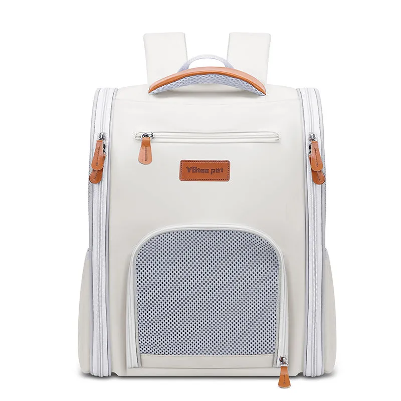 Four sides breathable pet carrier bag made from Oxford cloth in beige, foldable with mesh panels