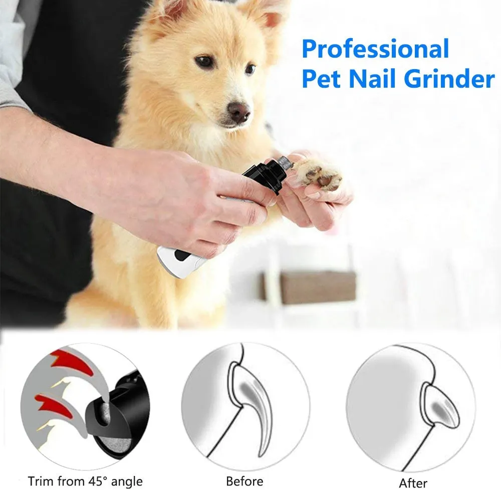 Electric dog nail trimmer with LED display showing speed settings on a grey background.