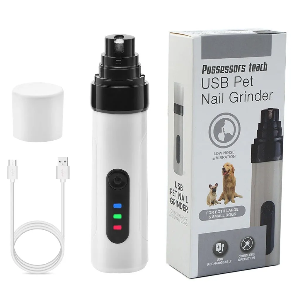 Electric dog nail trimmer with LED display showing speed settings on a grey background.
