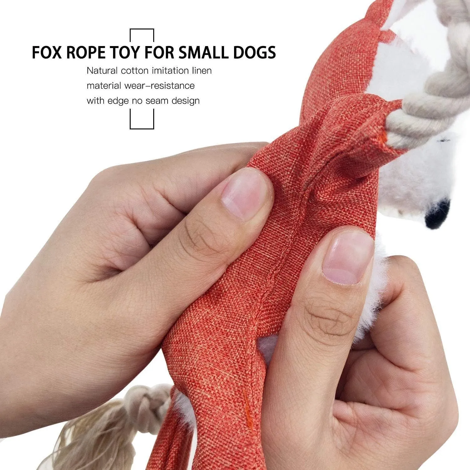 Brown plush fox dog toy with embroidered eyes, cotton rope arms and legs, and a squeaker in its head.