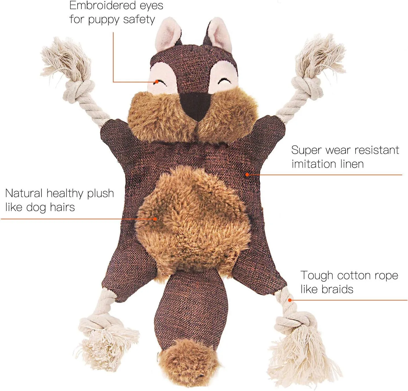 Brown plush fox dog toy with embroidered eyes, cotton rope arms and legs, and a squeaker in its head.