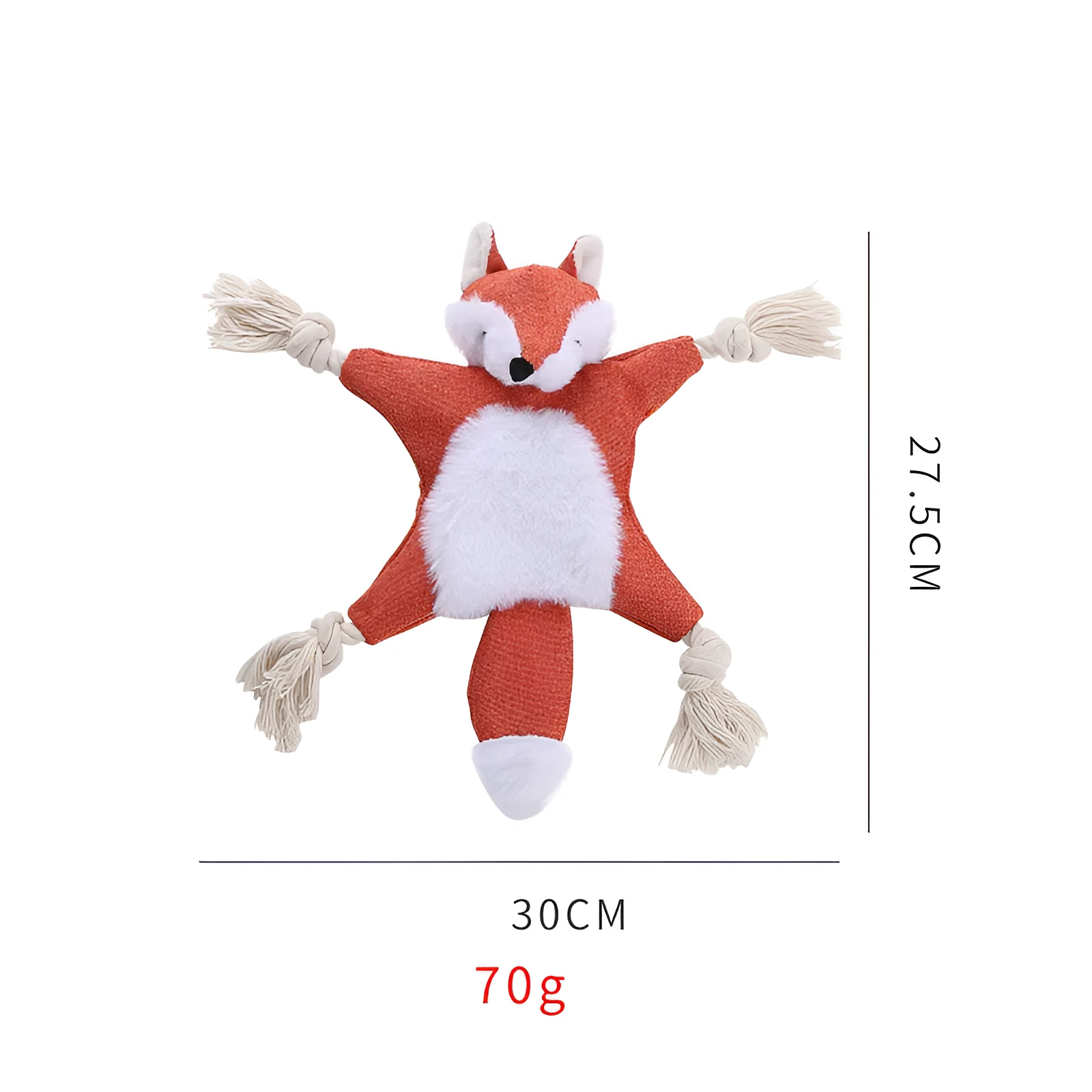 Brown plush fox dog toy with embroidered eyes, cotton rope arms and legs, and a squeaker in its head.