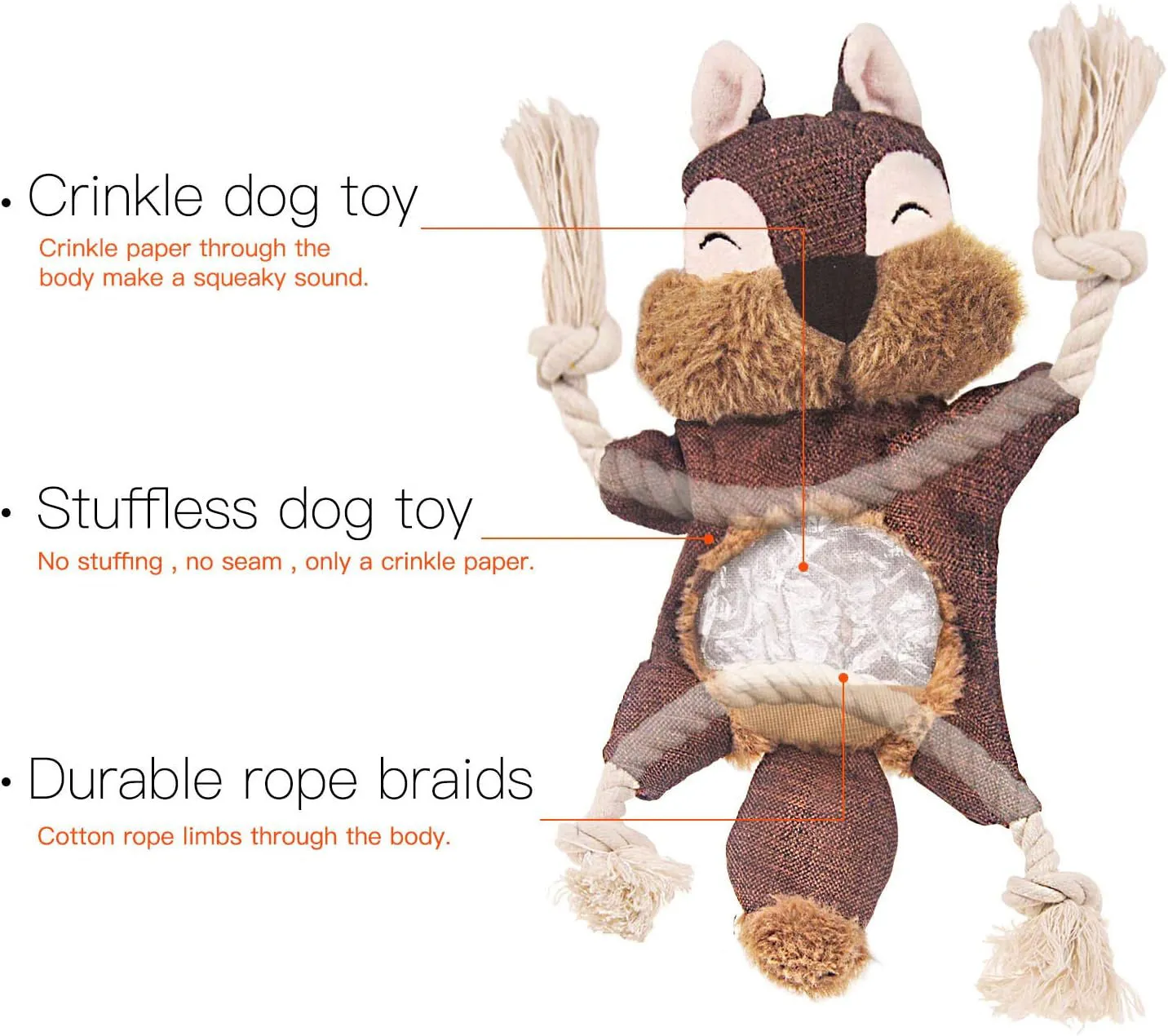 Brown plush fox dog toy with embroidered eyes, cotton rope arms and legs, and a squeaker in its head.