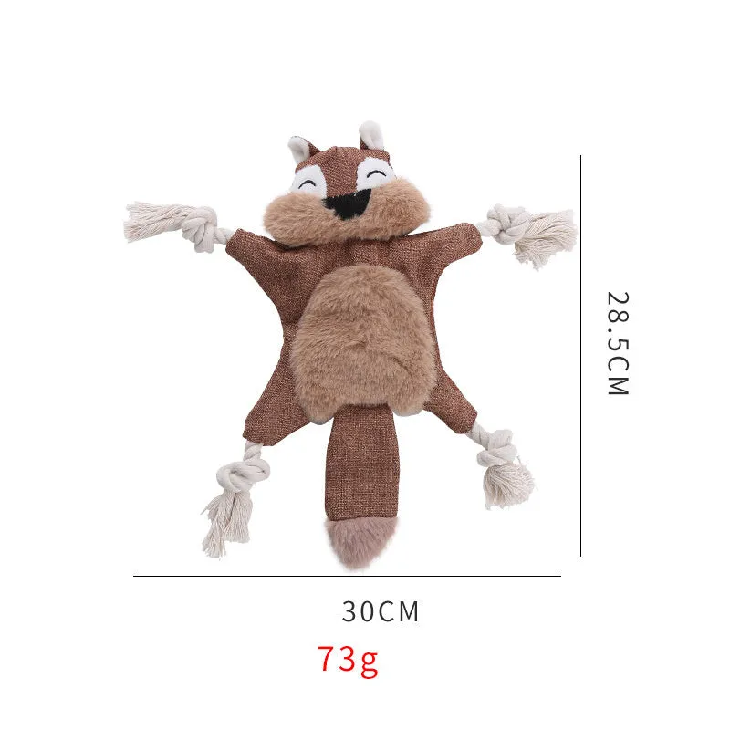 Brown plush fox dog toy with embroidered eyes, cotton rope arms and legs, and a squeaker in its head.