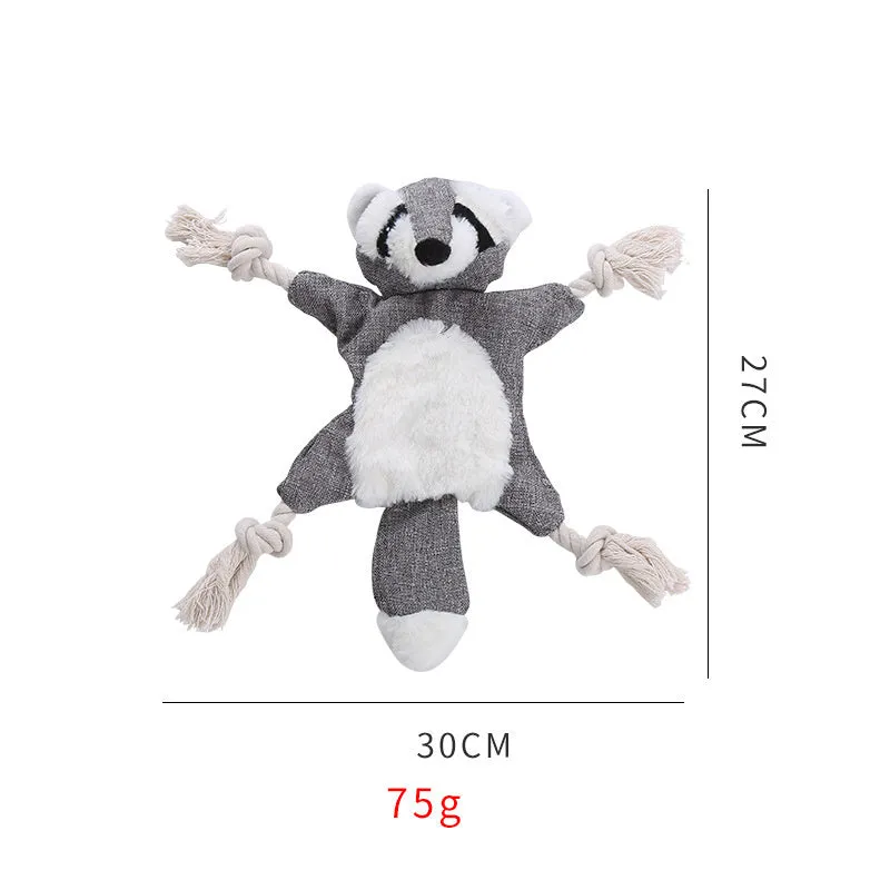Brown plush fox dog toy with embroidered eyes, cotton rope arms and legs, and a squeaker in its head.