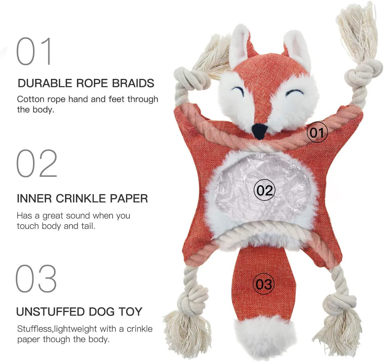 Brown plush fox dog toy with embroidered eyes, cotton rope arms and legs, and a squeaker in its head.