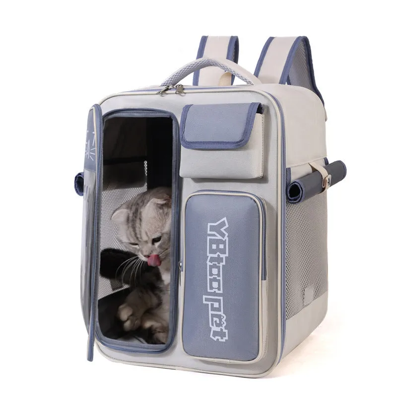 Beige and blue canvas cat backpack with double-sided breathable mesh, size 32x23x43cm, for cats under 7.50 kg