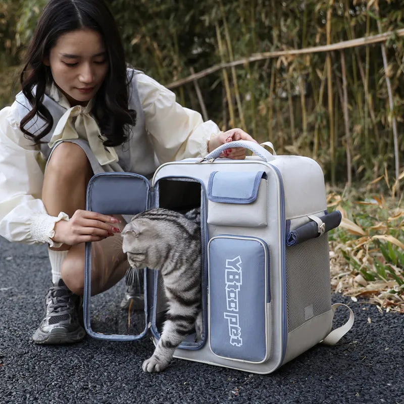 Beige and blue canvas cat backpack with double-sided breathable mesh, size 32x23x43cm, for cats under 7.50 kg