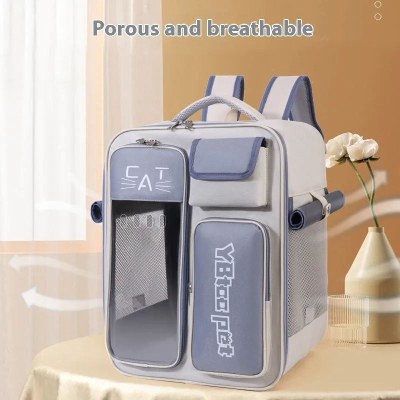 Beige and blue canvas cat backpack with double-sided breathable mesh, size 32x23x43cm, for cats under 7.50 kg