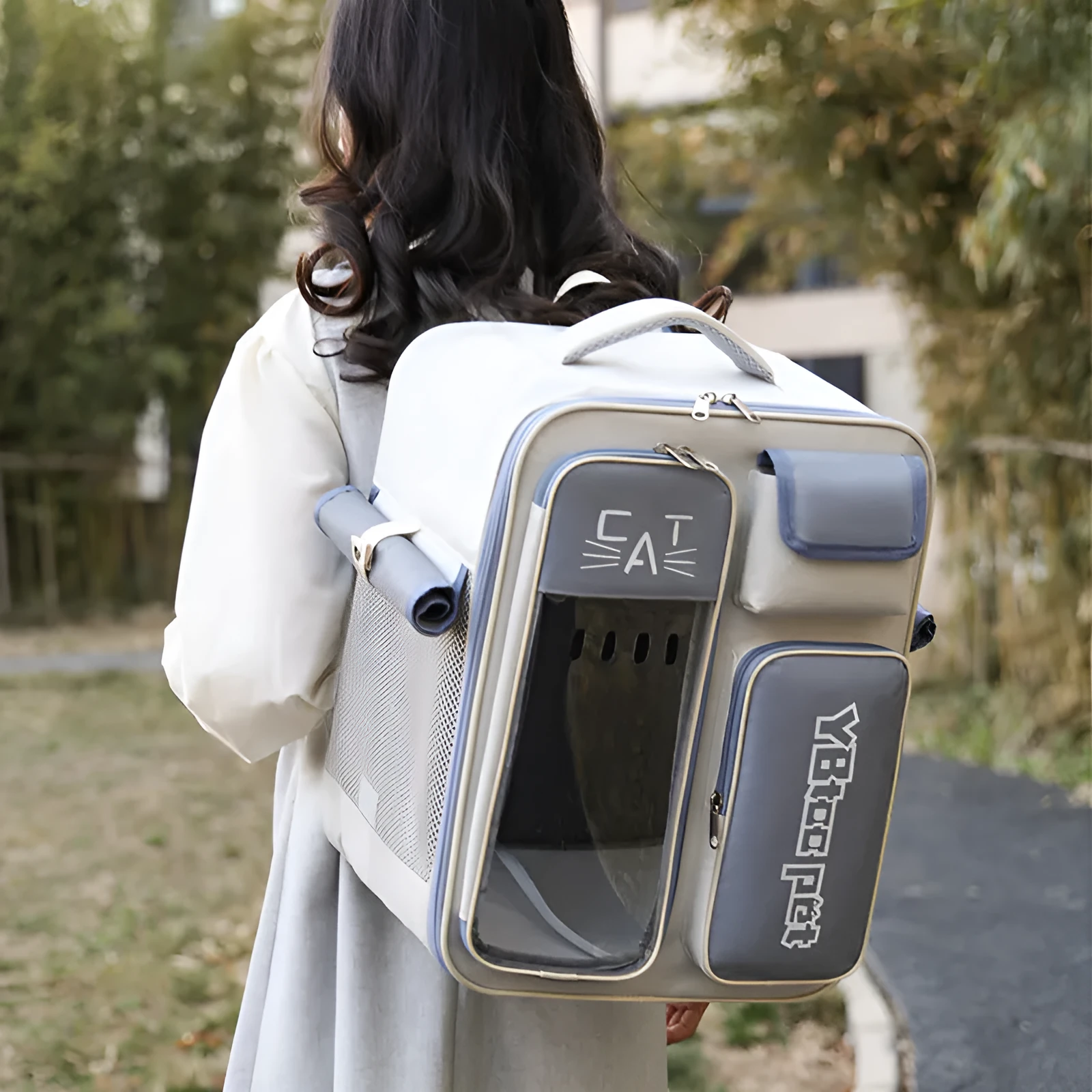 Beige and blue canvas cat backpack with double-sided breathable mesh, size 32x23x43cm, for cats under 7.50 kg
