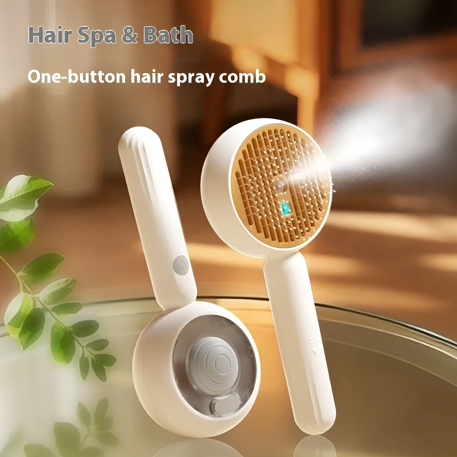 Grey and brown pet spray comb with stainless steel teeth and one-click mechanism on white background