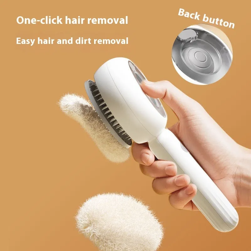 Grey and brown pet spray comb with stainless steel teeth and one-click mechanism on white background