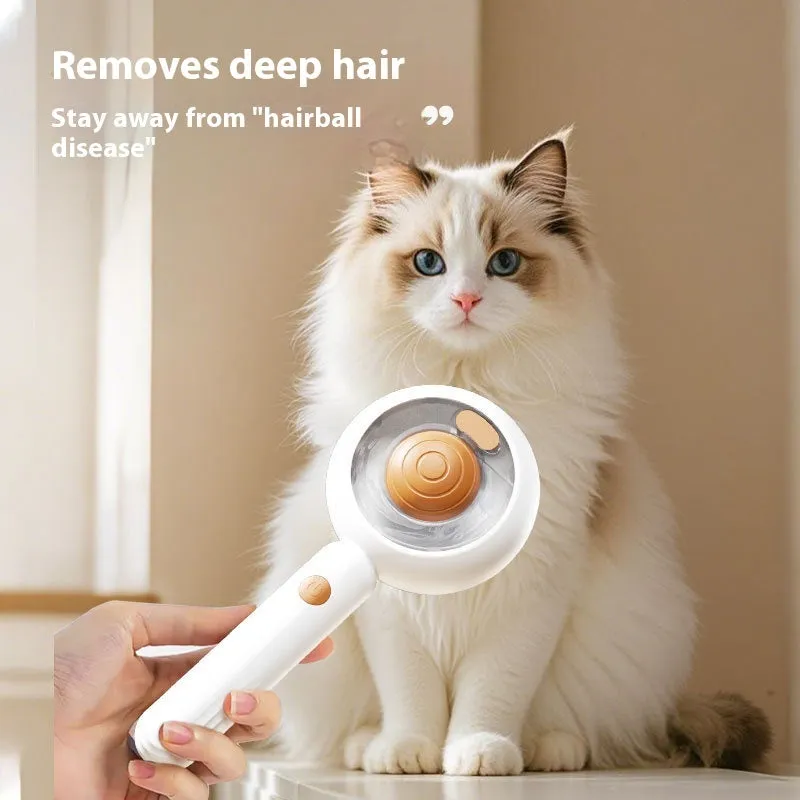Grey and brown pet spray comb with stainless steel teeth and one-click mechanism on white background