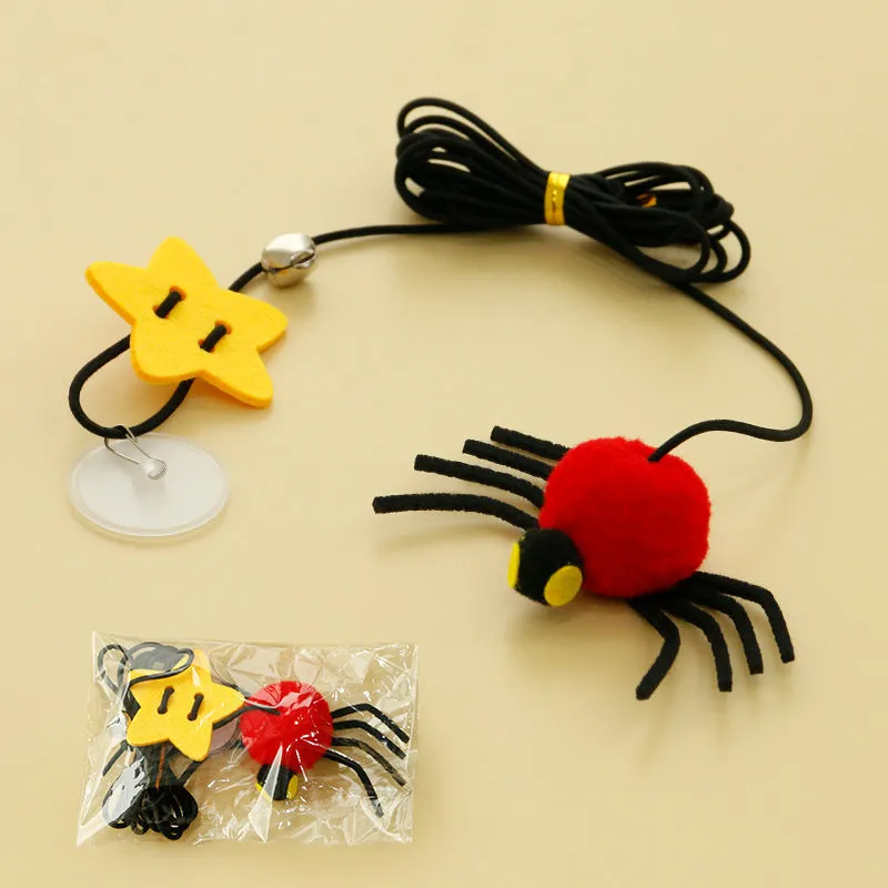 Hanging door cat toy with elastic rope, feather and bell spider accessory in red colour