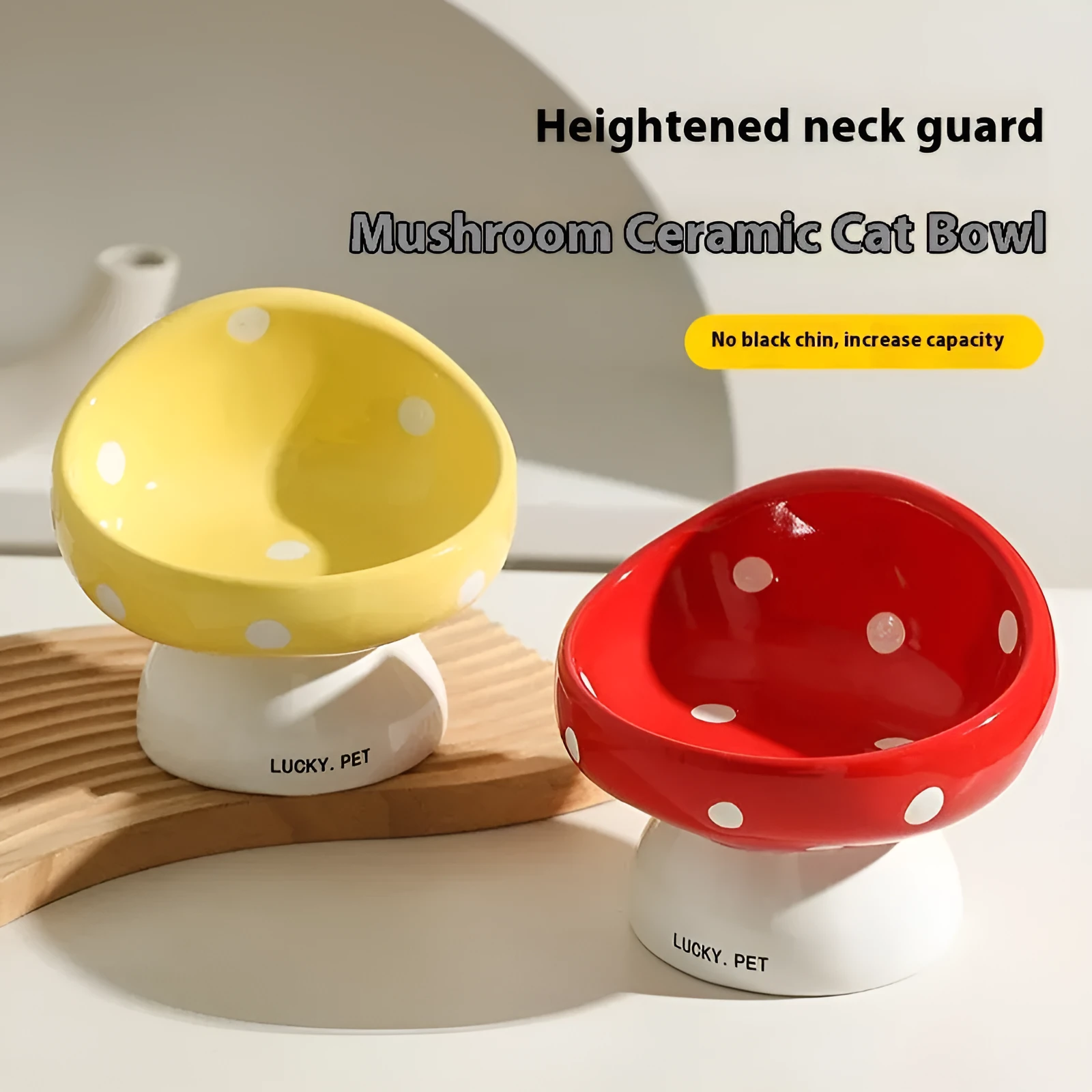 Ceramic cat bowl with oblique mouth rim, 200ml, black and white polka dot pattern
