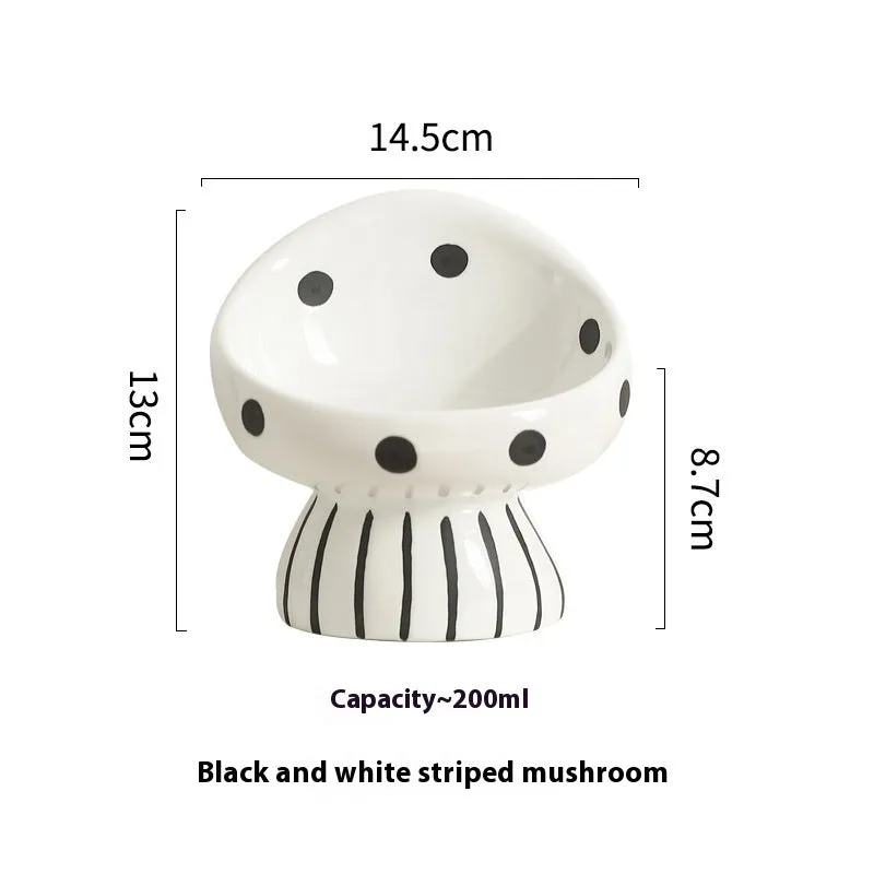 Ceramic cat bowl with oblique mouth rim, 200ml, black and white polka dot pattern