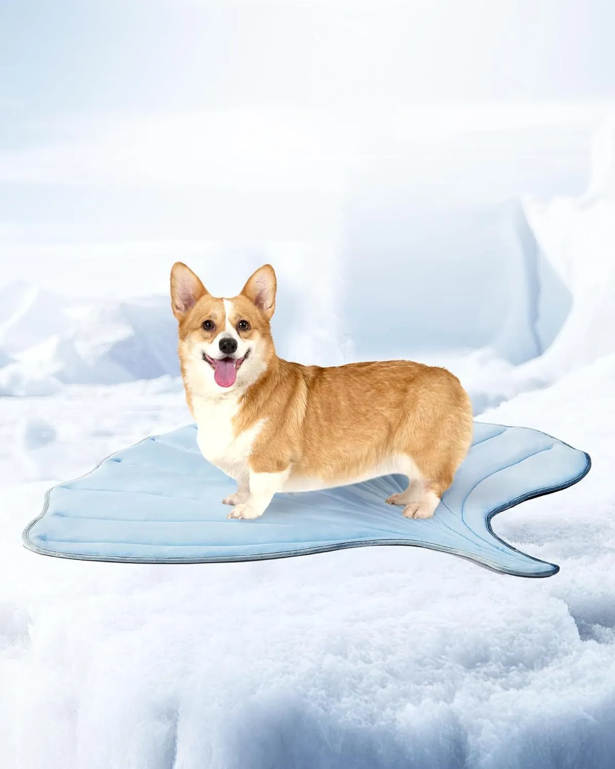 Summer cat cooling mat with ginkgo leaf shape in light blue on floor