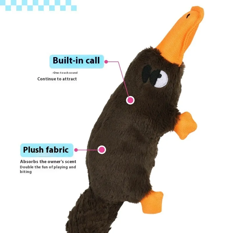 Brown plush platypus dog toy with squeaker on white background