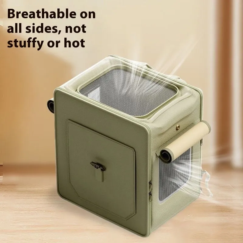 Large capacity foldable pet carrier trolley case in army green with pull rod, hard PU shell, breathable fabric, for cat travel