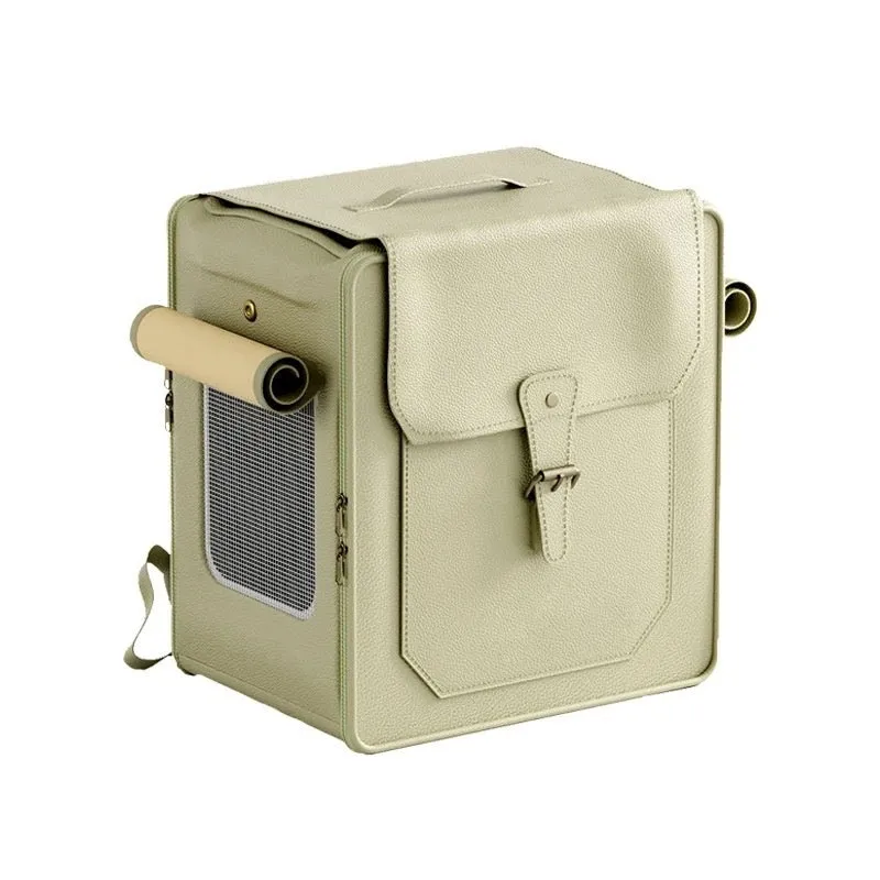 Large capacity foldable pet carrier trolley case in army green with pull rod, hard PU shell, breathable fabric, for cat travel