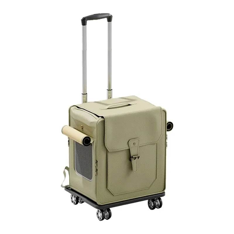 Large capacity foldable pet carrier trolley case in army green with pull rod, hard PU shell, breathable fabric, for cat travel