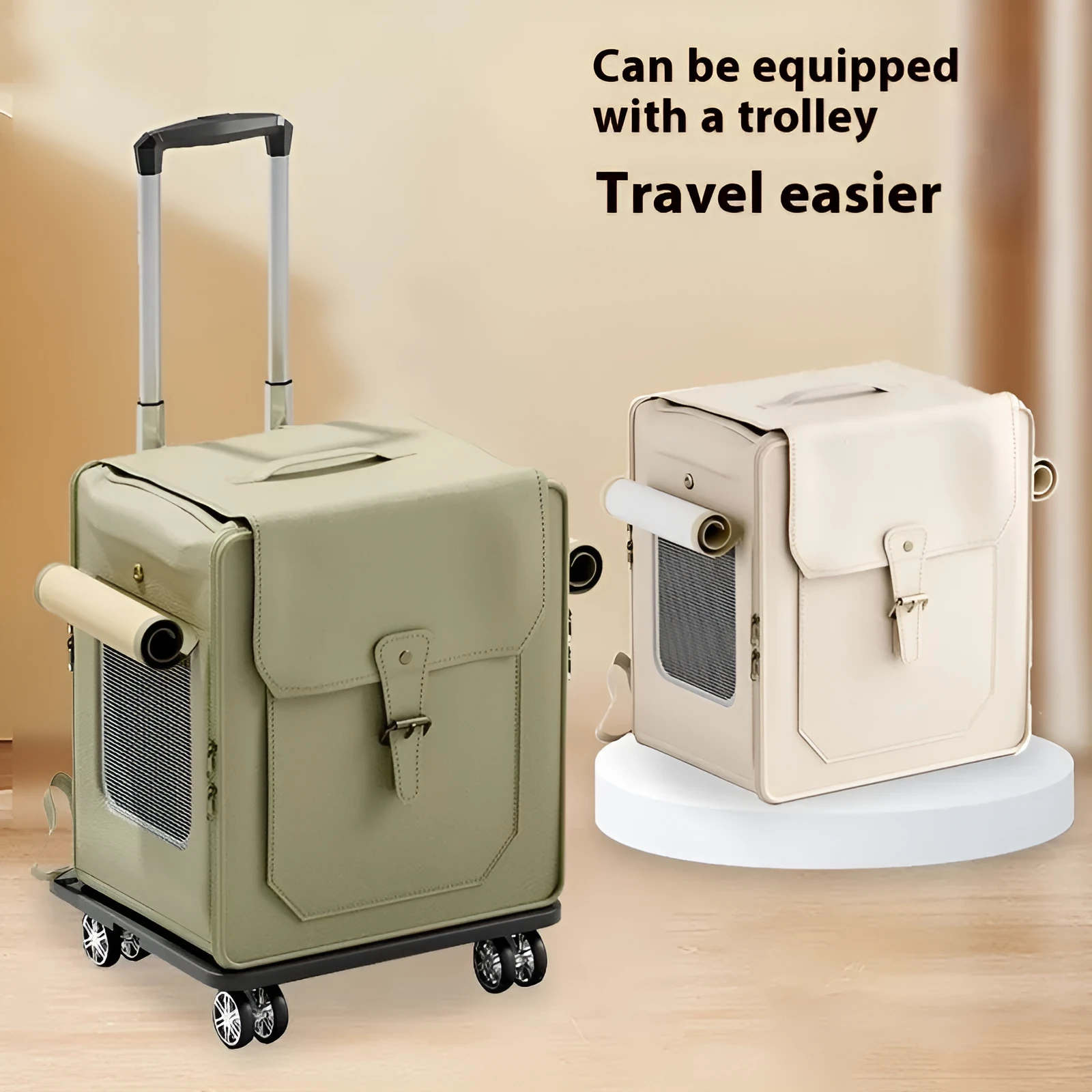 Large capacity foldable pet carrier trolley case in army green with pull rod, hard PU shell, breathable fabric, for cat travel