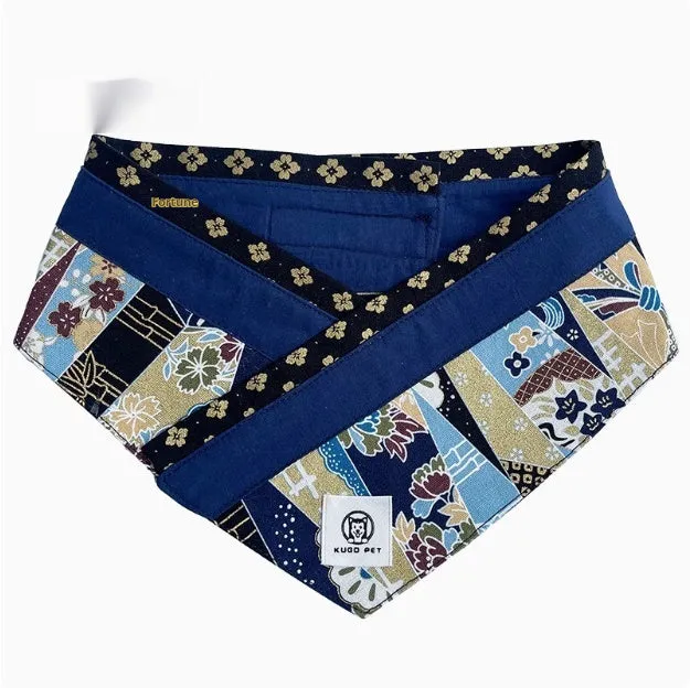 Japanese style pet scarf bib with red diamond pattern and tassels on a light background