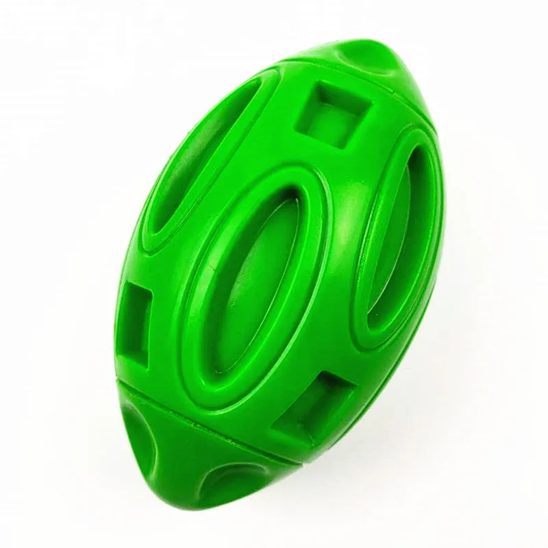 Blue, green, and orange squeaky rubber dog ball with surface grooves for aggressive chewers