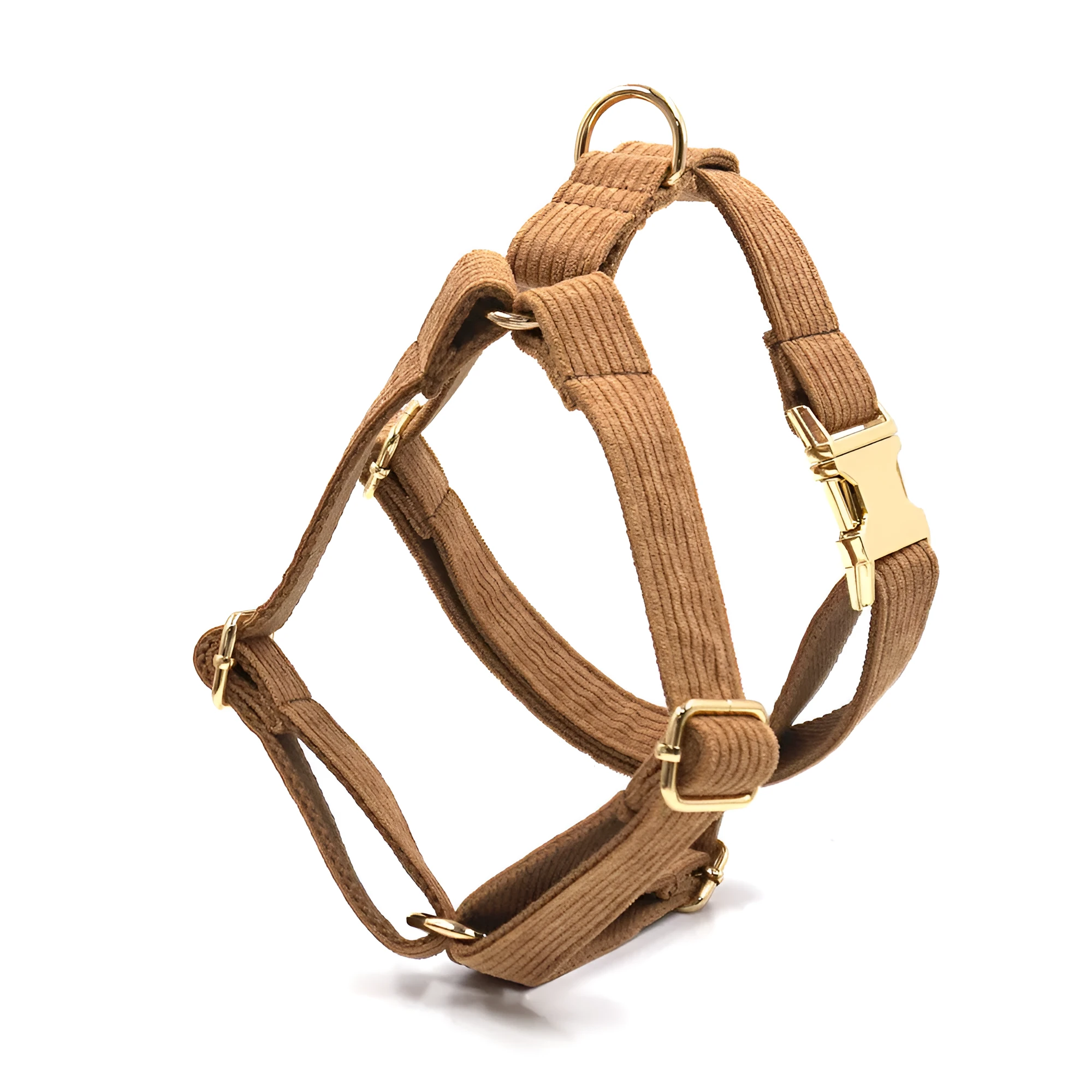 Brown corduroy dog collar and harness set with gold buckle and matching bow on a white background