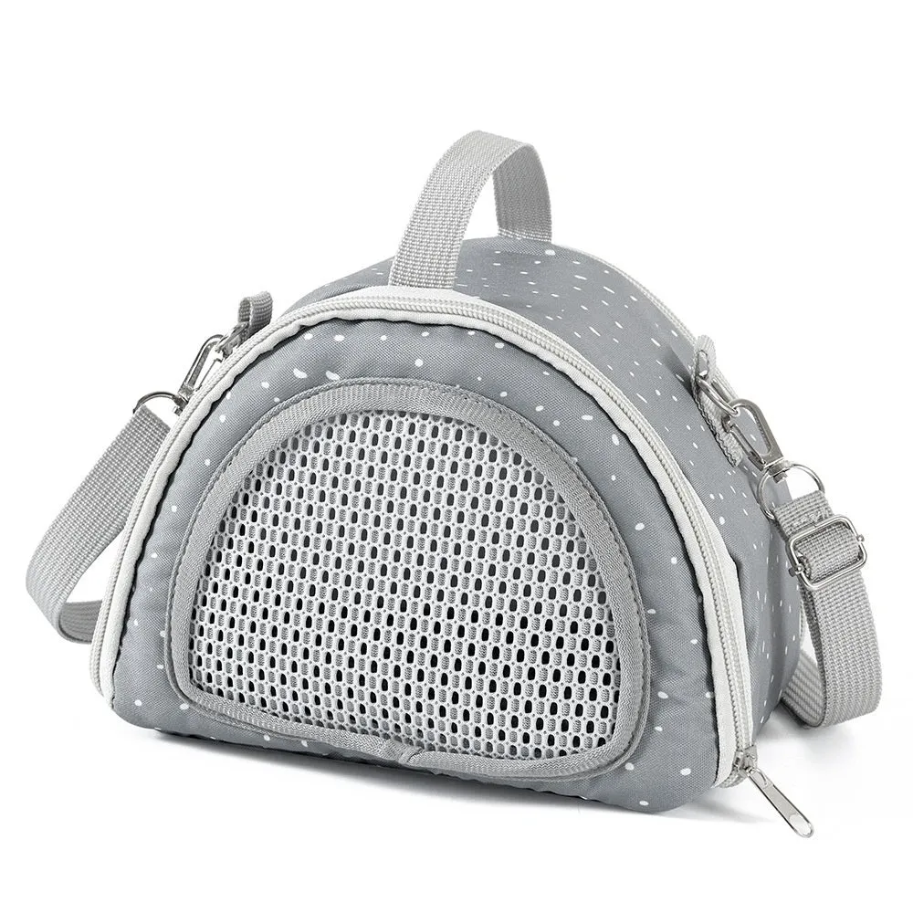 Crossbody polyester pet carrier for hamsters and small animals in gray, green, and orange colours