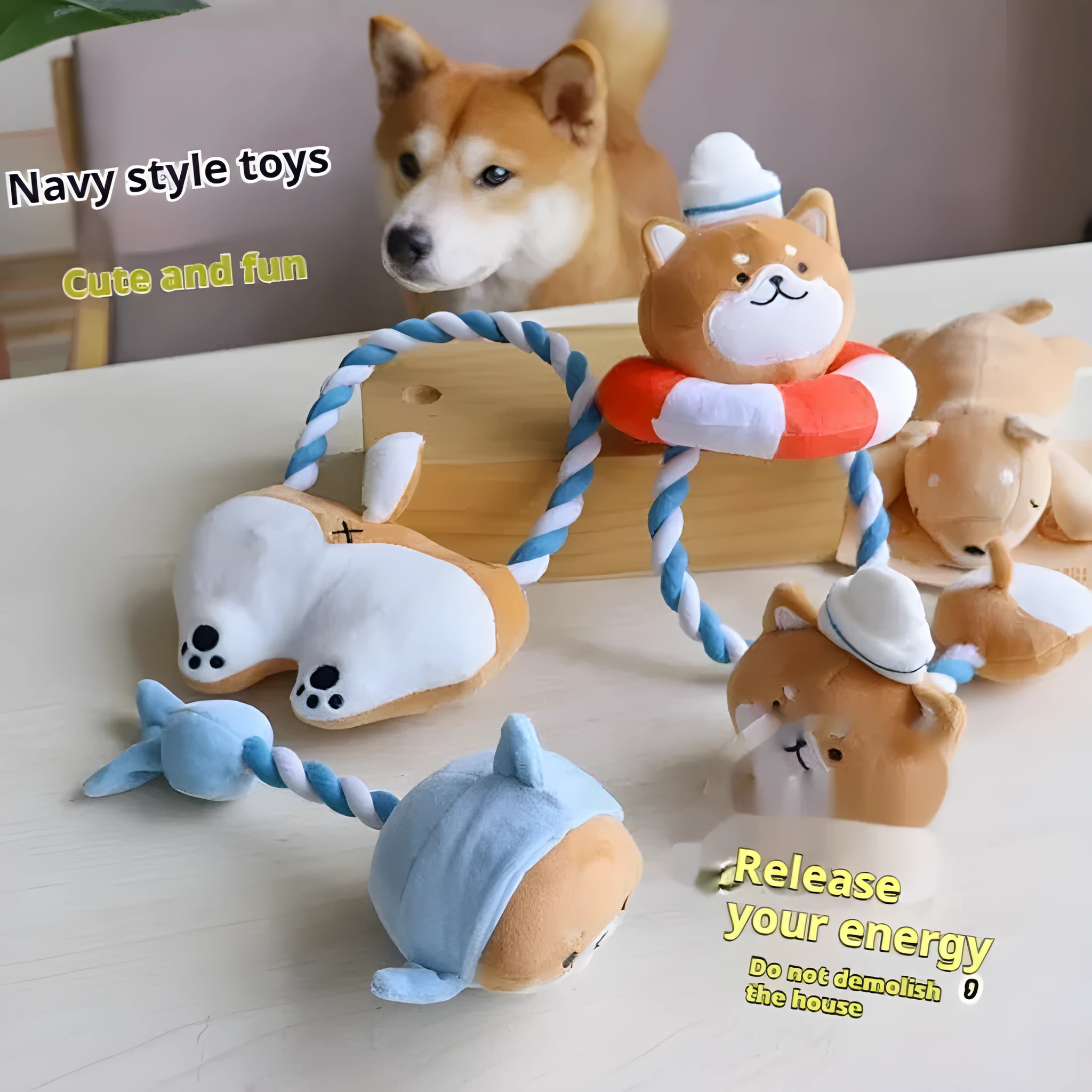Plush dog toys in Xiaojiu butt, seal, whale, dolphin, and Shiba Inu shapes on a light background