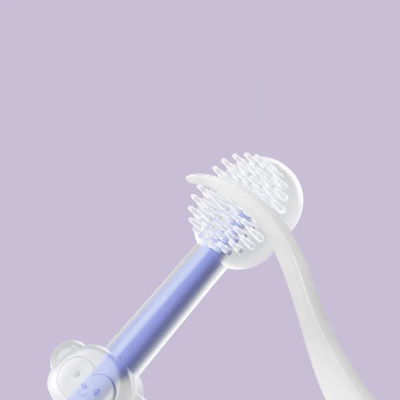 Blue, green, and purple pet toothbrushes with soft silicone bristle heads for dogs and cats.
