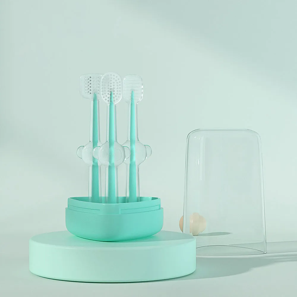 Blue, green, and purple pet toothbrushes with soft silicone bristle heads for dogs and cats.